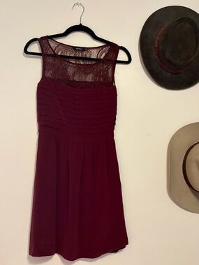 Max & Co. Burgundy Lace Yoke Pleated Bust Sleeveless Mini Dress
